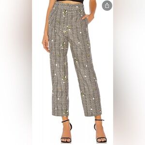 NWT MAJORELLE Charles Glen Plaid w/ Floral Embroidery Pants L Black/Cream/Multi
